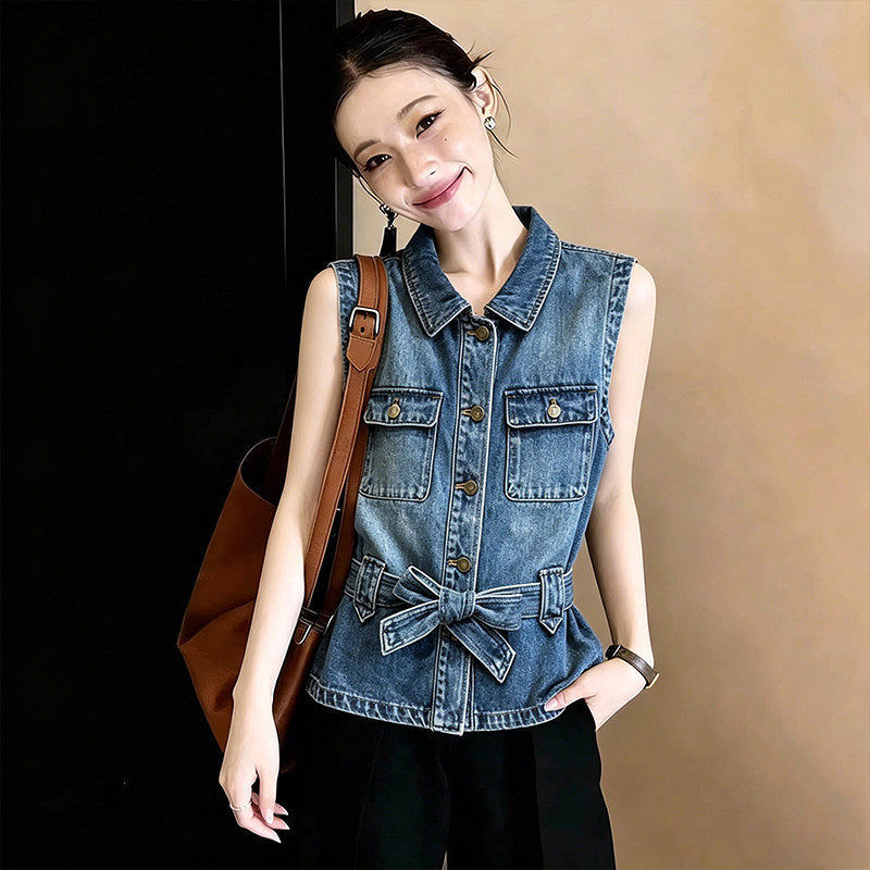 Elegant Washed-and-Faded White Sleeveless Denim Vest