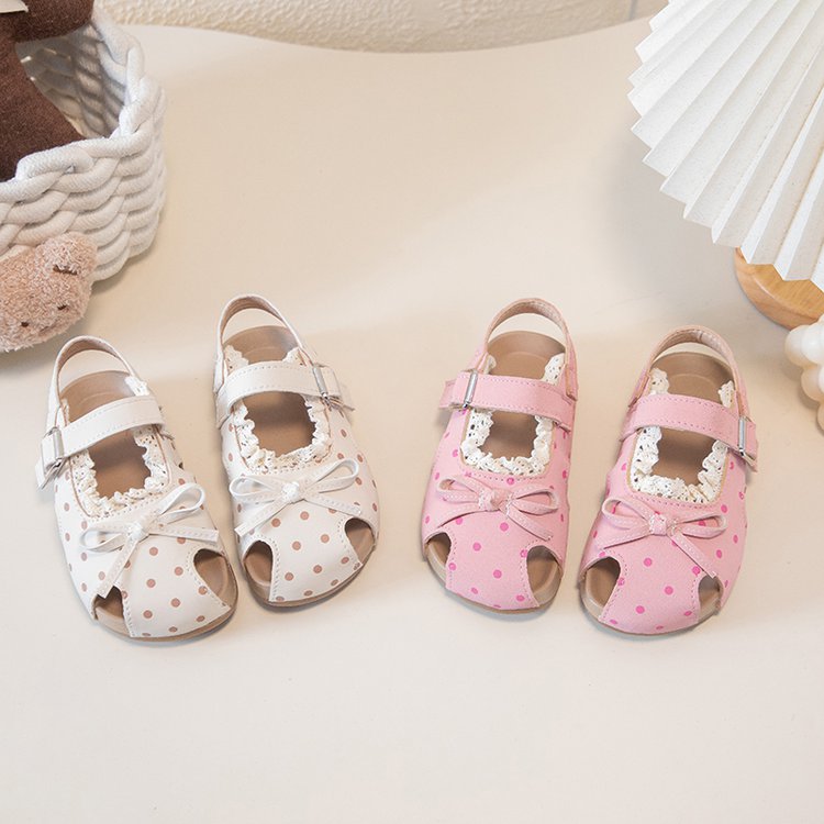Girls' Sandals For Summer, Little Girls' Polka Dot Princess Shoes With Soft Soles And Toe Caps, Beach Walking Shoes For Beginners