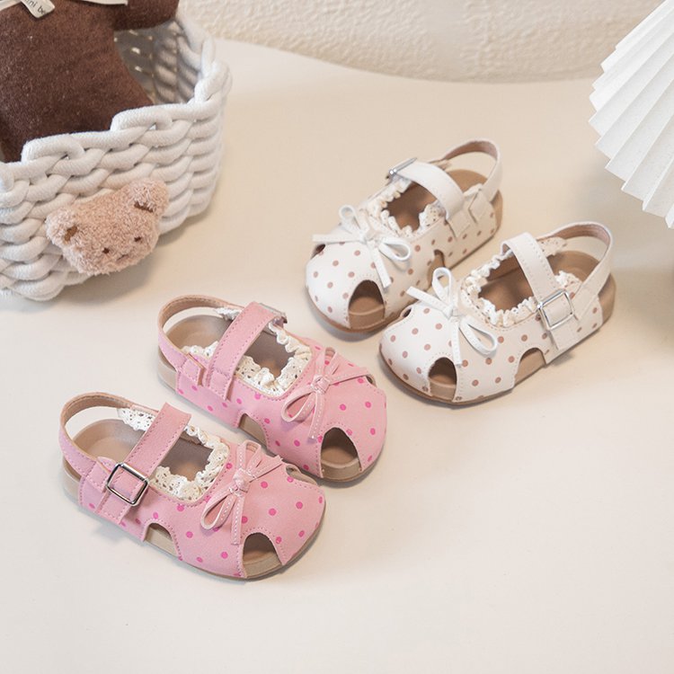 Girls' Sandals For Summer, Little Girls' Polka Dot Princess Shoes With Soft Soles And Toe Caps, Beach Walking Shoes For Beginners