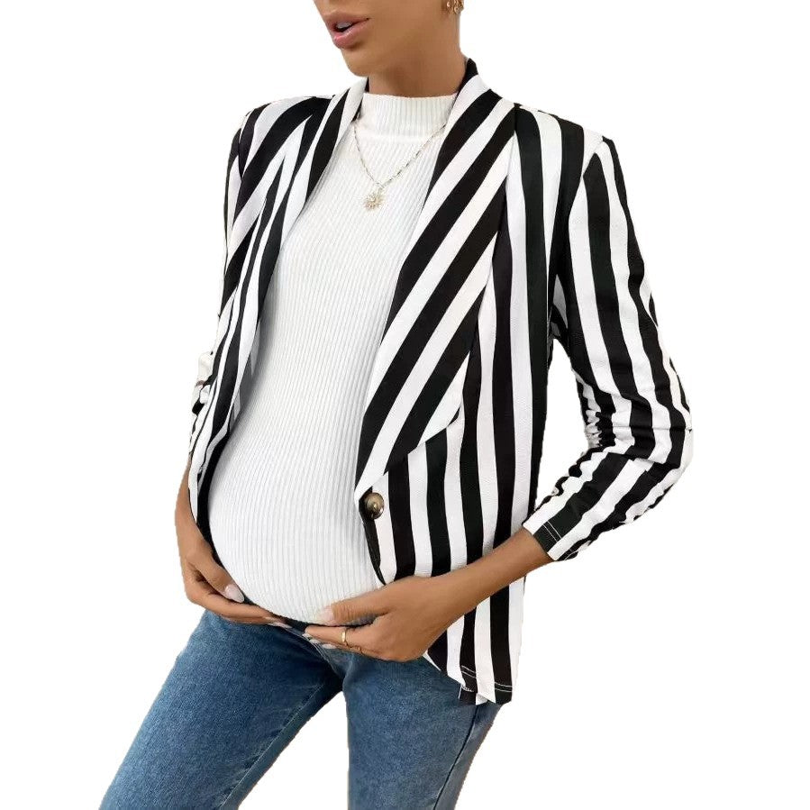 Womens Lapel-striped Single-button Cardigan Blazer