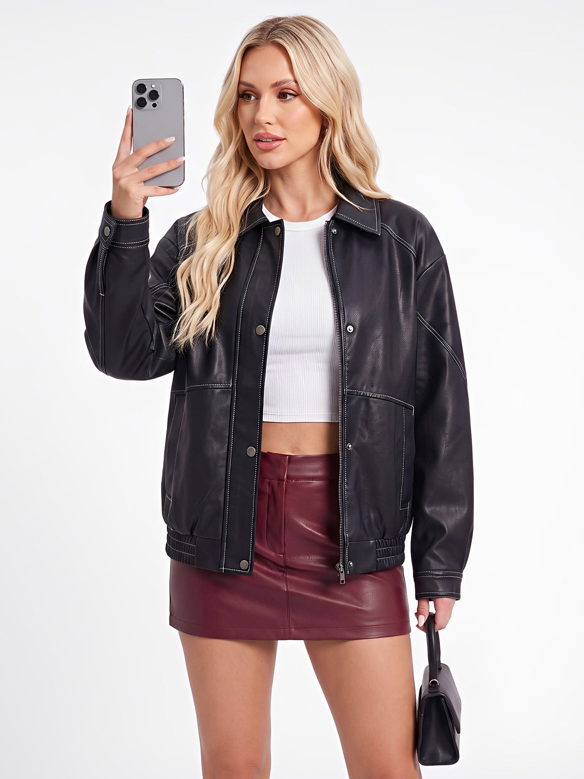 Women's Imitation Leather Oversize Jacket  Motorcycle Style Jacket Spring And Autumn Fashion Jacket Travel Zipper Jacket