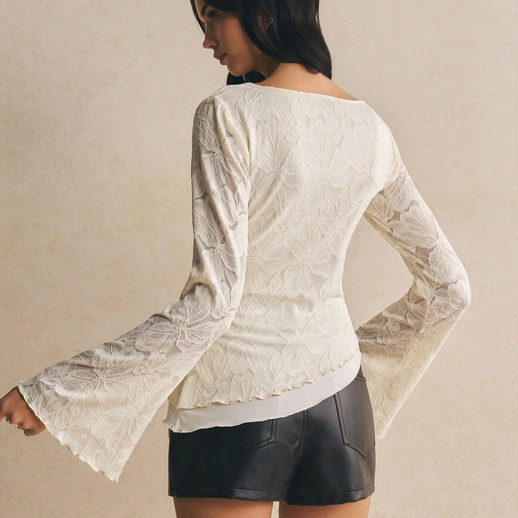 Women's Lace-Panel Long-Sleeve Embroidered Top