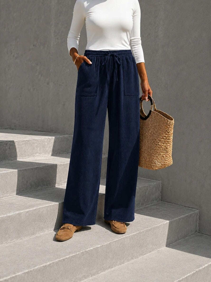 Autumn Winter European And American Cross-Border Women's Corduroy Wide Leg Pants With Elastic Waist And Drawstring, Loose Casual Long Pants