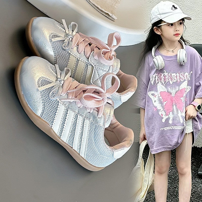 2026 Spring New Girls German Trainers, Korean Style Bow Decor Stylish Genuine Leather Thin Sole Kids Casual Sneakers