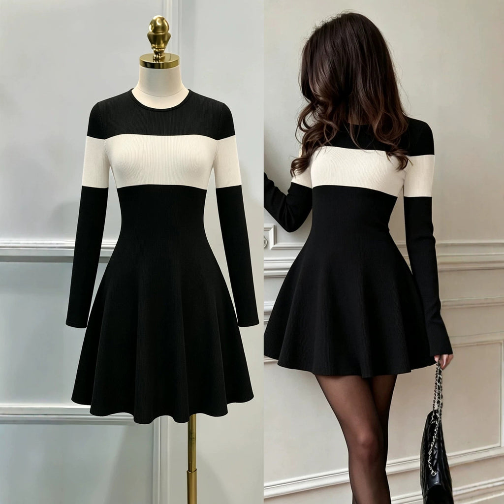 Women's New Arrival Color-block Patchwork Round-neck Long-sleeve Dress
