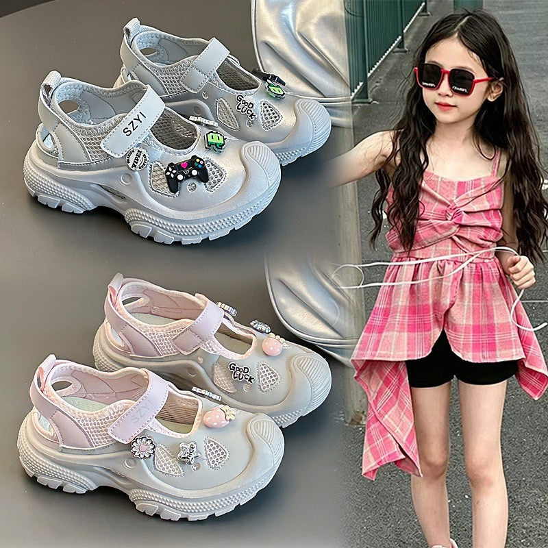 Trendy Brand Kids Mary Jane Sneakers, Hollow Out Heel Design, Hook-and-Loop Slip-On Breathable Mesh Shoes For Girls
