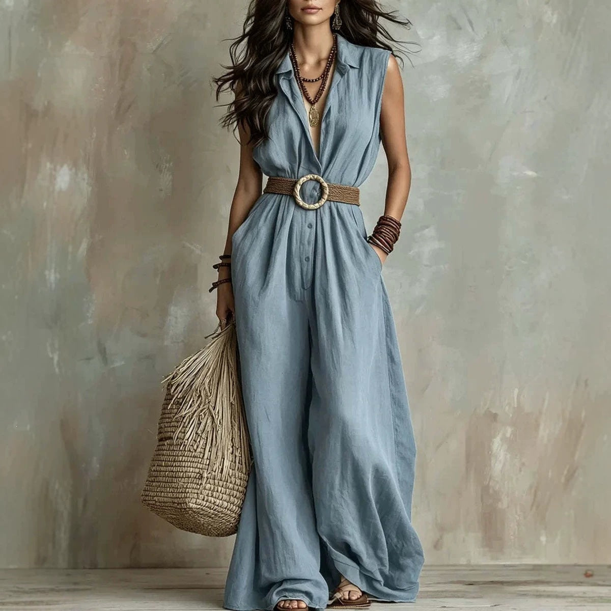 European And American Women's Fashion Cross-border Summer New Loose V-neck Sleeveless Solid Color Casual Elegant Buttoned Women's Jumpsuit