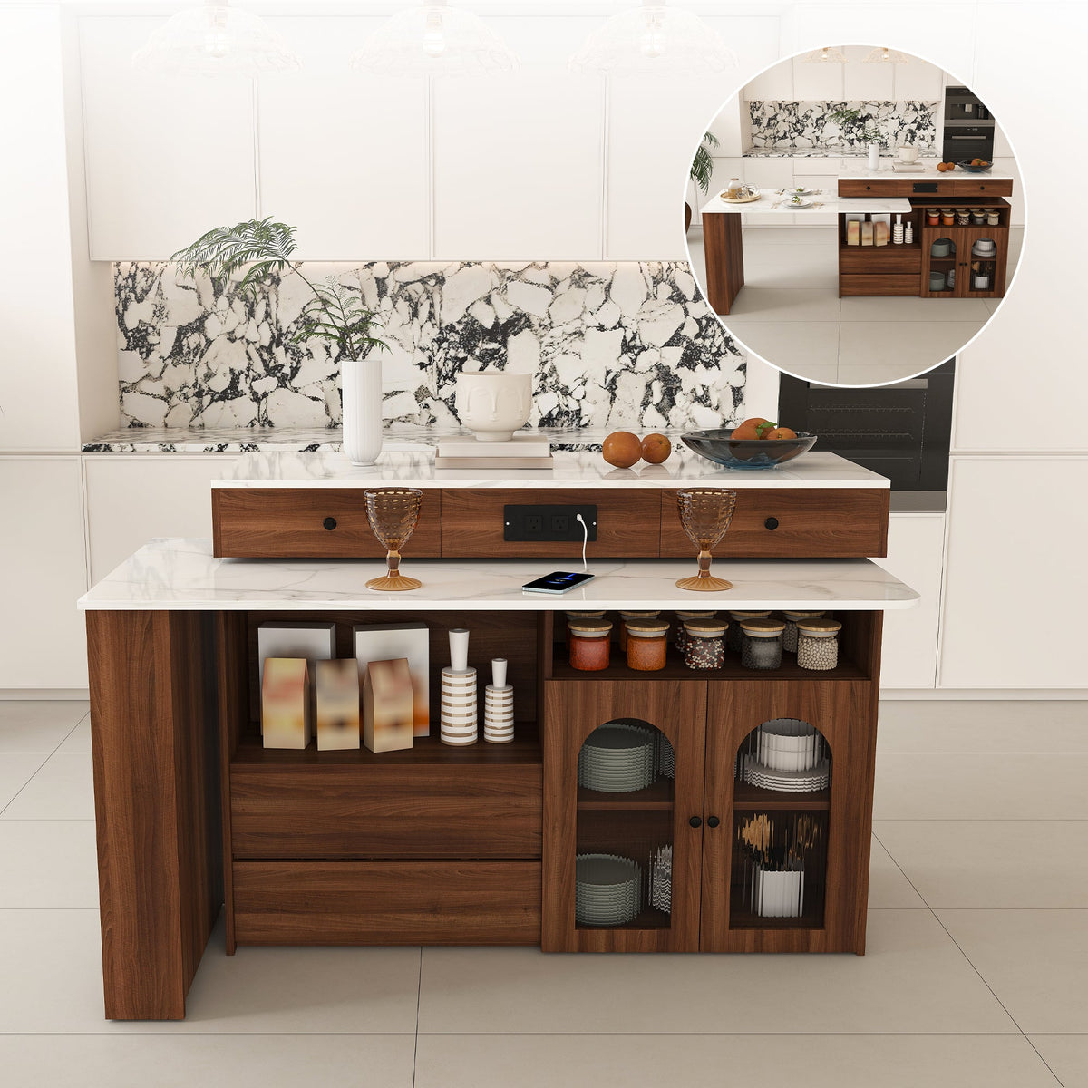 Kitchen Island with Extendable & Rotating Table