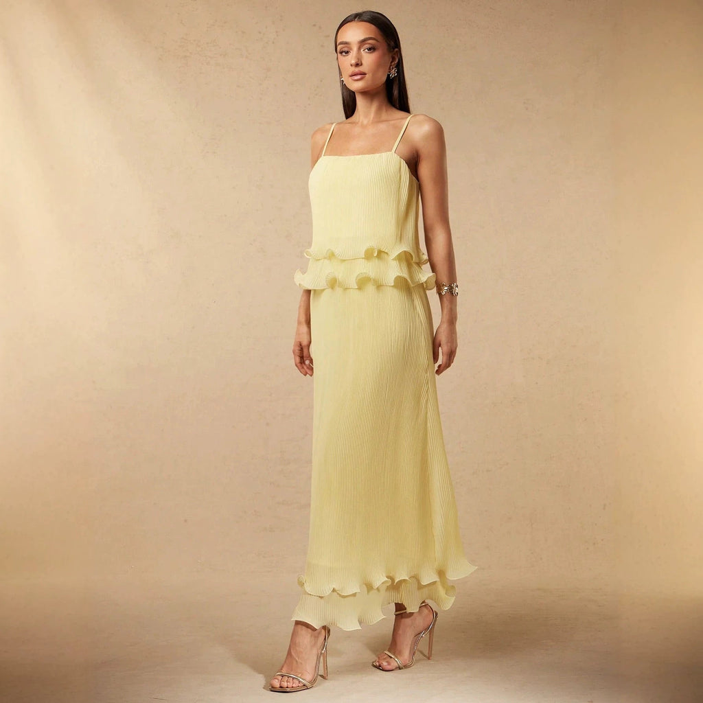 Pleated Yellow Strap Spliced Tiered Long Dress