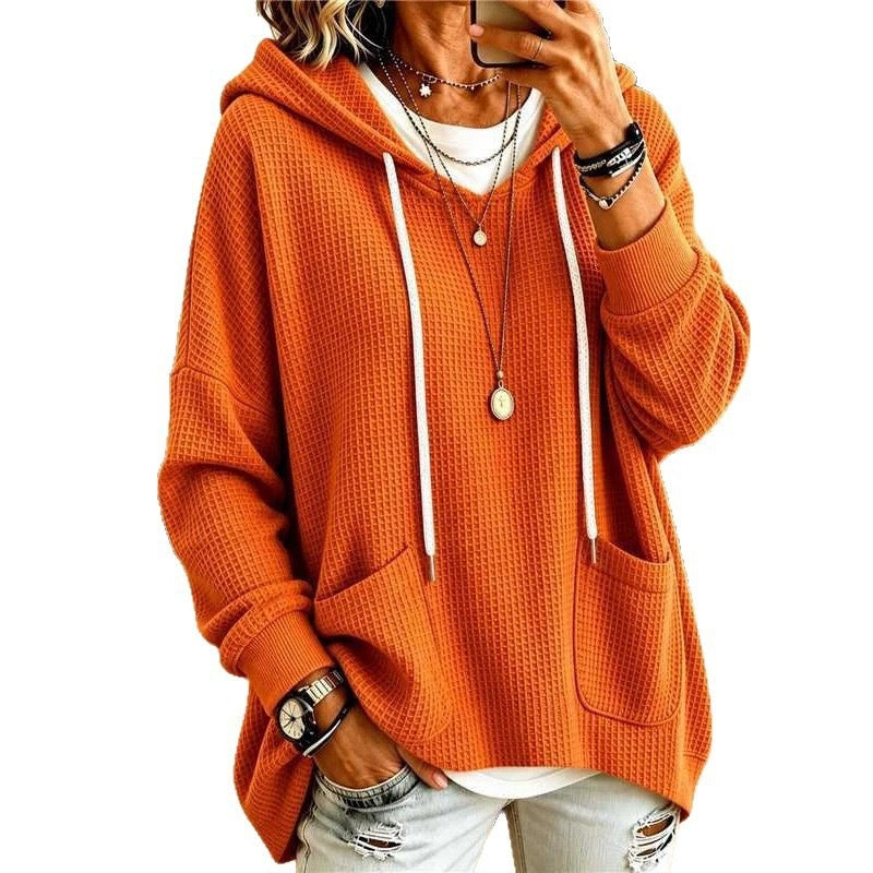 2026 European And American Women's Clothing Amazon Independent Station Waffe Loose Long Sleeve Hoodie Casual Hooded
