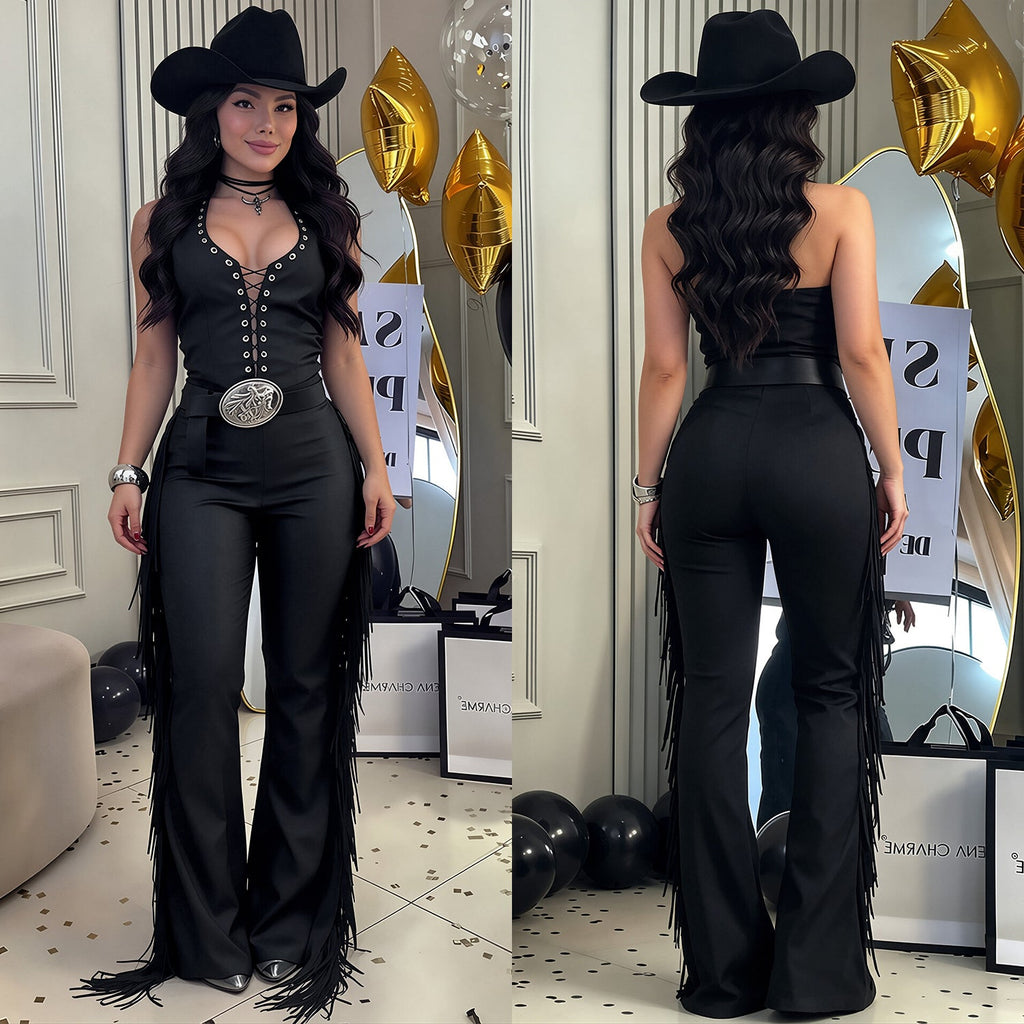 C7831 Cross Border 2026 New Women Sexy Western-style Halterneck Fringe Wide-leg Pants Slim-fit Party Jumpsuit