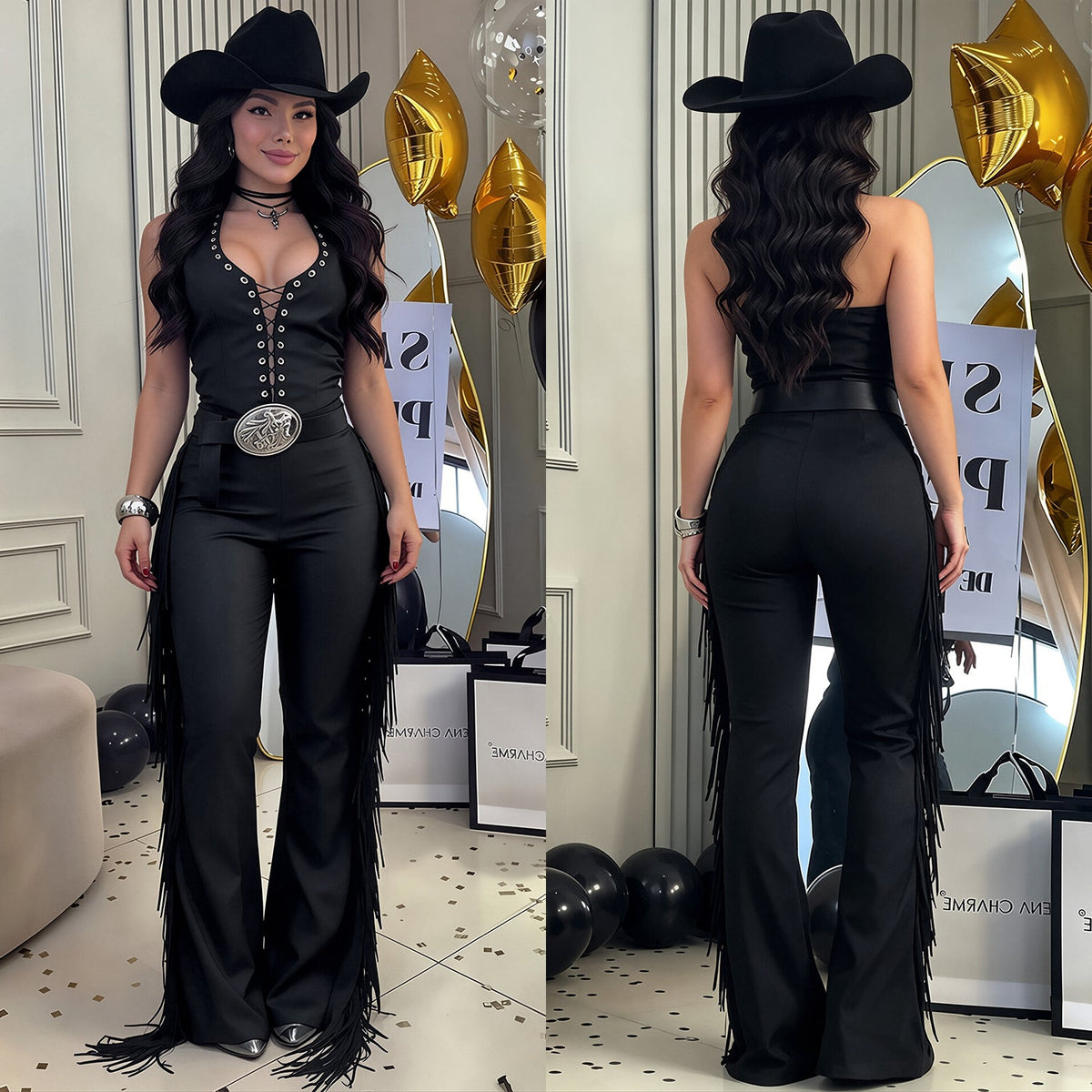 C7831 Cross Border 2026 New Women Sexy Western-style Halterneck Fringe Wide-leg Pants Slim-fit Party Jumpsuit