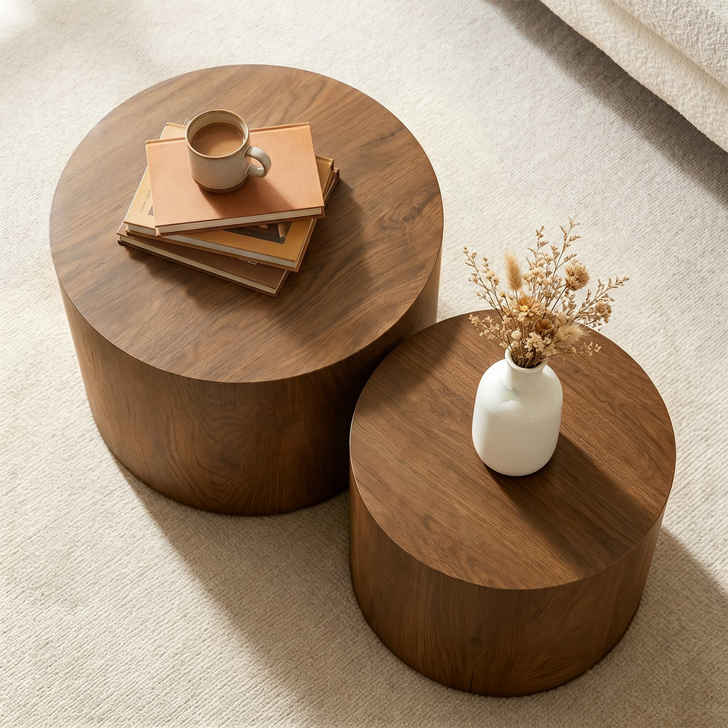 Nesting Coffee Table Set of 2 Round Wooden Coffee Tables