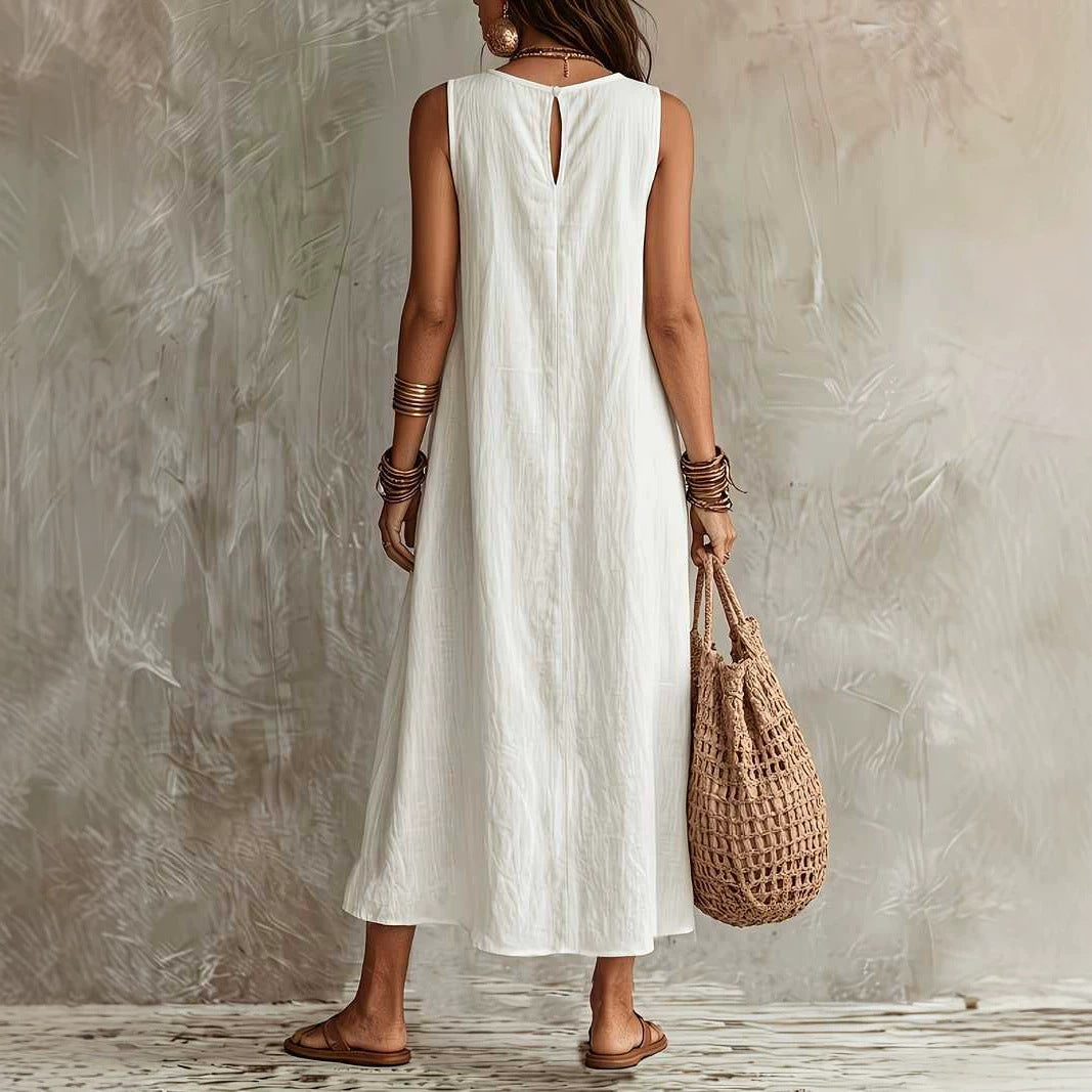 Womens Casual Round-neck Sleeveless Loose-fitting Midi Dress