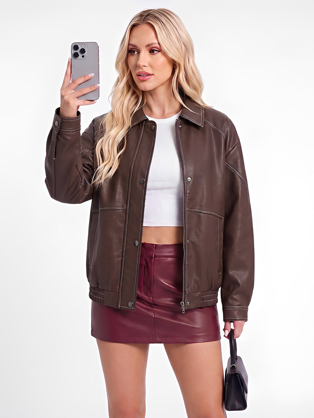 Women's Imitation Leather Oversize Jacket  Motorcycle Style Jacket Spring And Autumn Fashion Jacket Travel Zipper Jacket