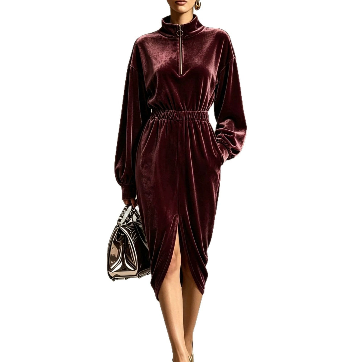 Women's Fashion Velvet Zip-front Waist-cinching Long-sleeve Dress
