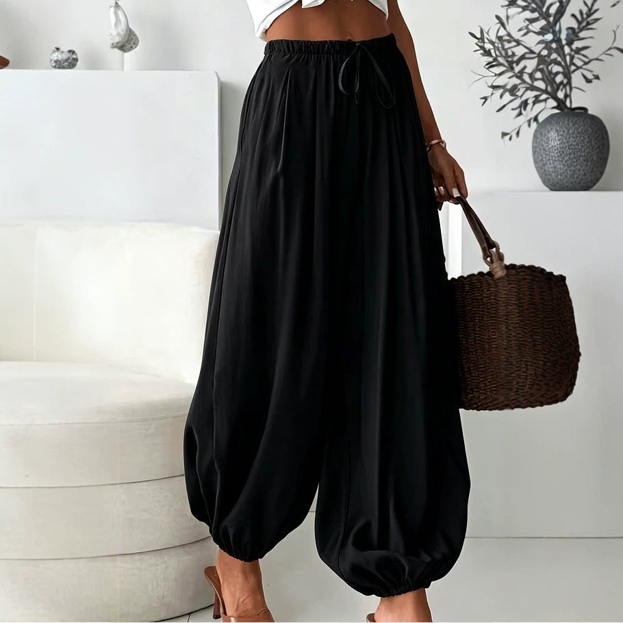 2026 Women's Summer Loose Drawstring Wide-Leg Cropped Pants With Draped Effect Harem Pants For Export Cross-Border Women's Fashion