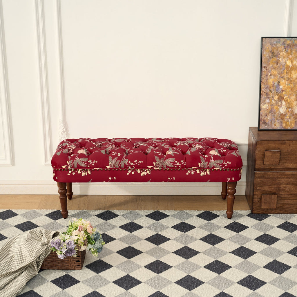 European Style Tufted Floral Bench with Turned Wood Legs
