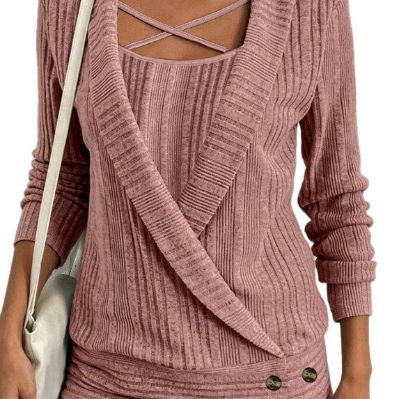 Womens Ribbed Long-sleeve Knit Undershirt With Crisscross Straps