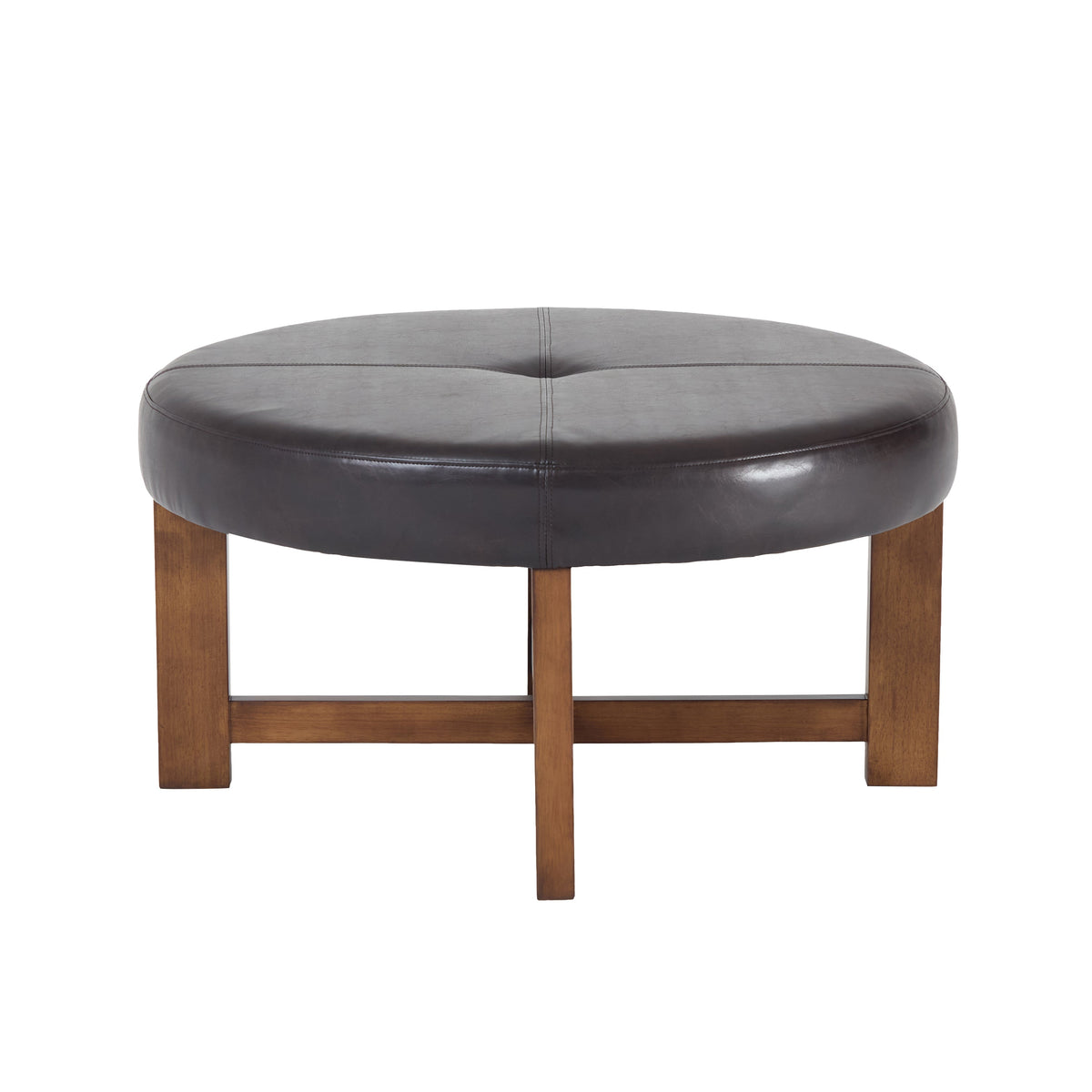 Round Leather Ottoman Coffee Table with Solid Wood Base