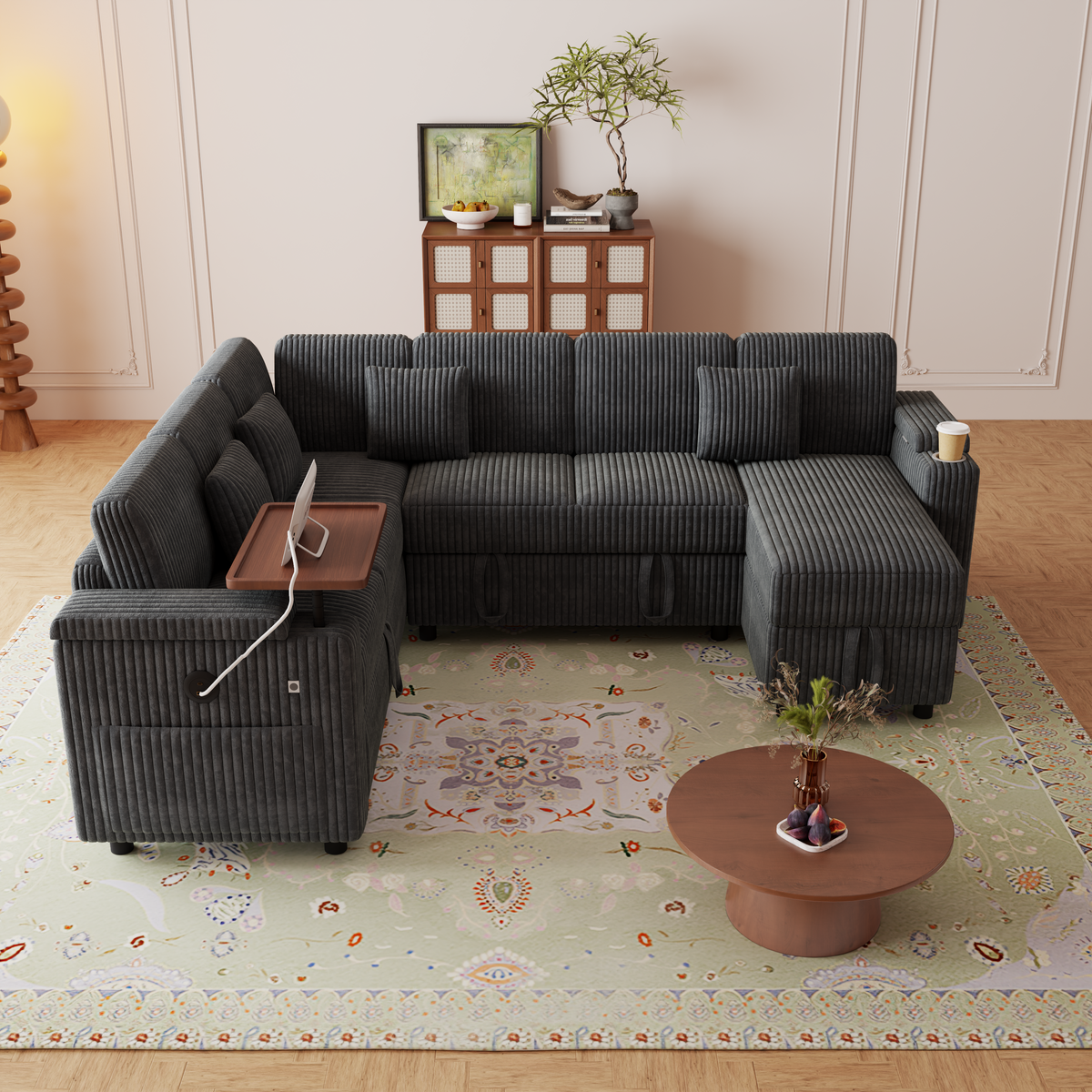 100-Inch Pull-Out Sofa with USB Ports, Table Board & Cup Holder