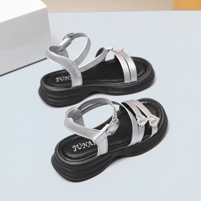 2026 Summer New Trendy Kids Sandals, Girls Soft Sole Fashion Princess Shoes, Silver Roman Sandals Children Beach Shoes