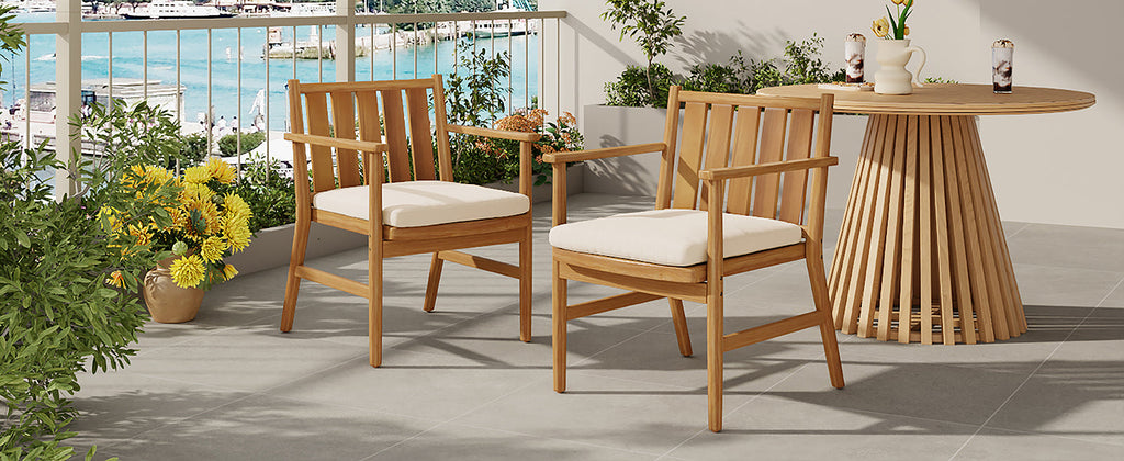 2-Piece Outdoor Acacia Wood Arm Dining Chairs with Removable Cushions