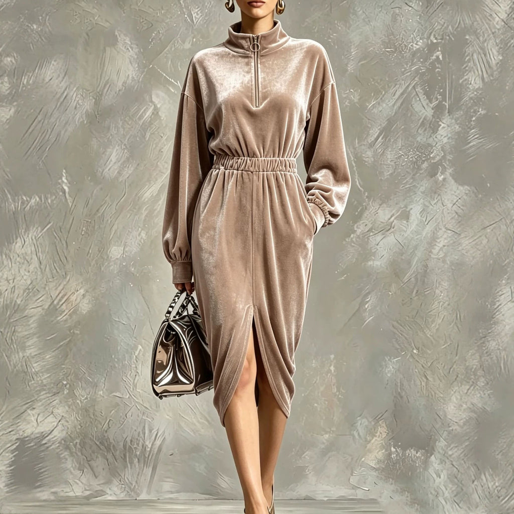 Women's Fashion Velvet Zip-front Waist-cinching Long-sleeve Dress