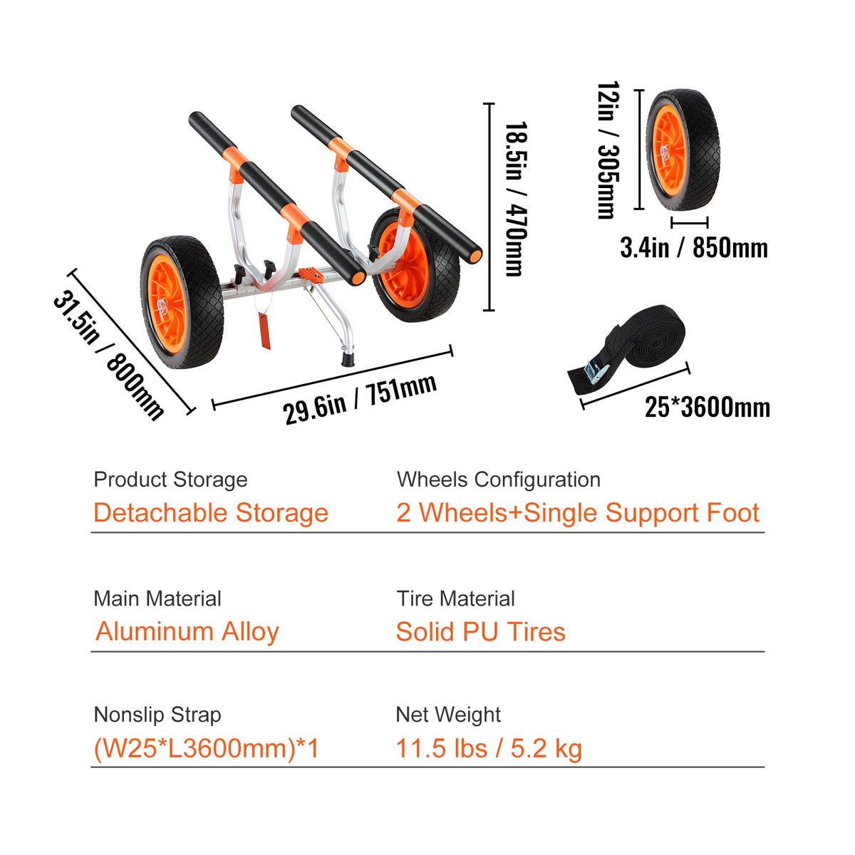 Heavy Duty Kayak Cart, 450lbs Load Capacity