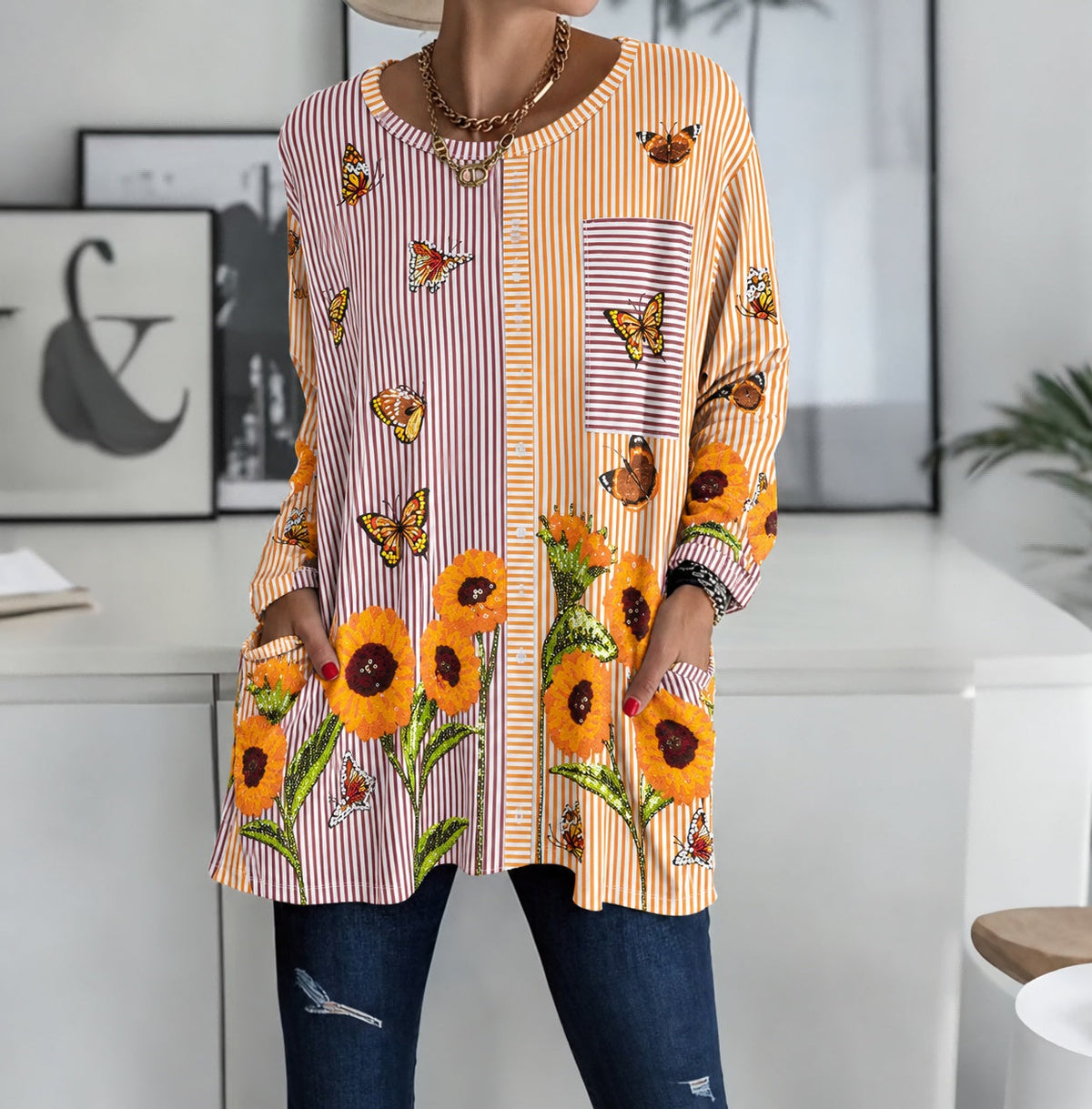 Women Sunflower Butterfly Striped Patchwork Long-Sleeve Tunic Top