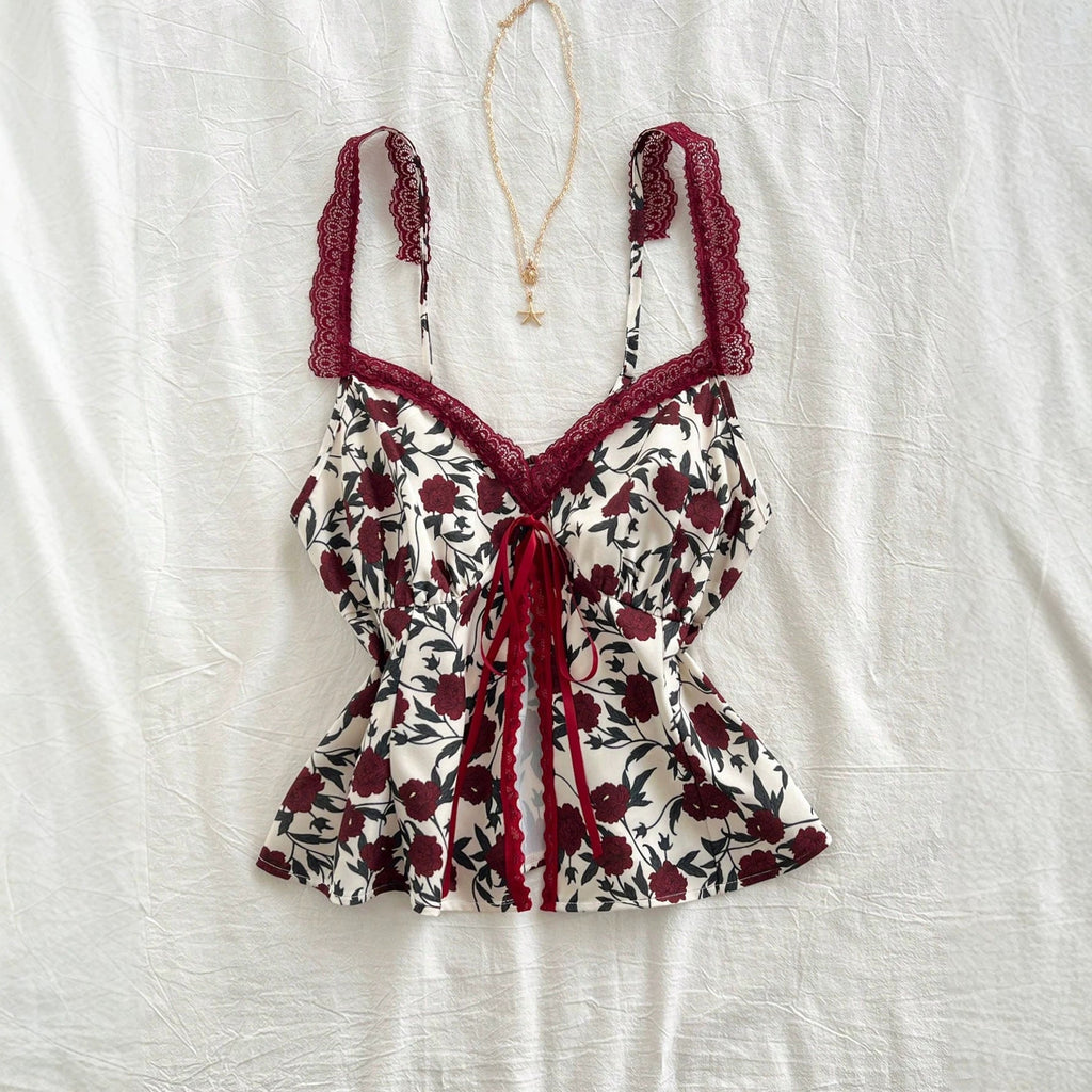 Fashionable And Versatile Lace-trimmed Camisole With A Floral Bow Detail