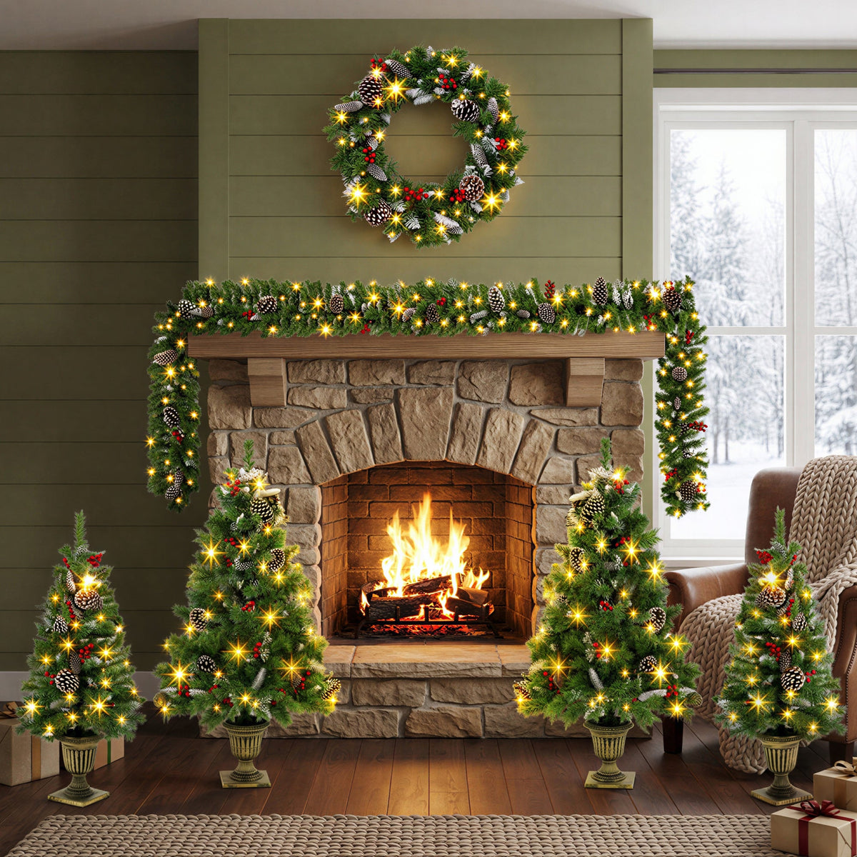 6-Piece Christmas Tree Set – 4 Trees with Sturdy Bases, 1 Pre-Lit Wreath, 1 Garland, Warm
