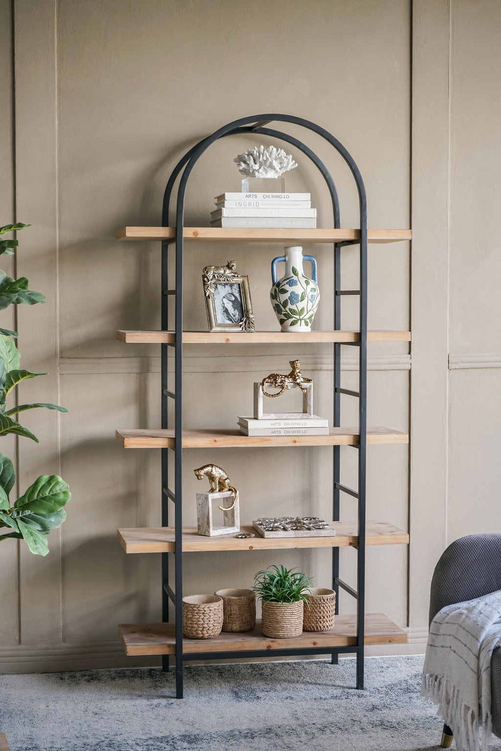 Tall Arched Wood and Iron Display Shelf