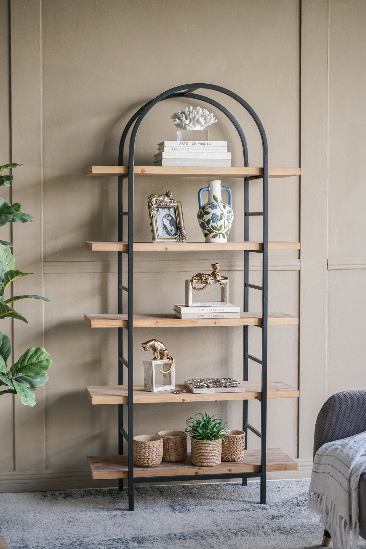 Tall Arched Wood and Iron Display Shelf