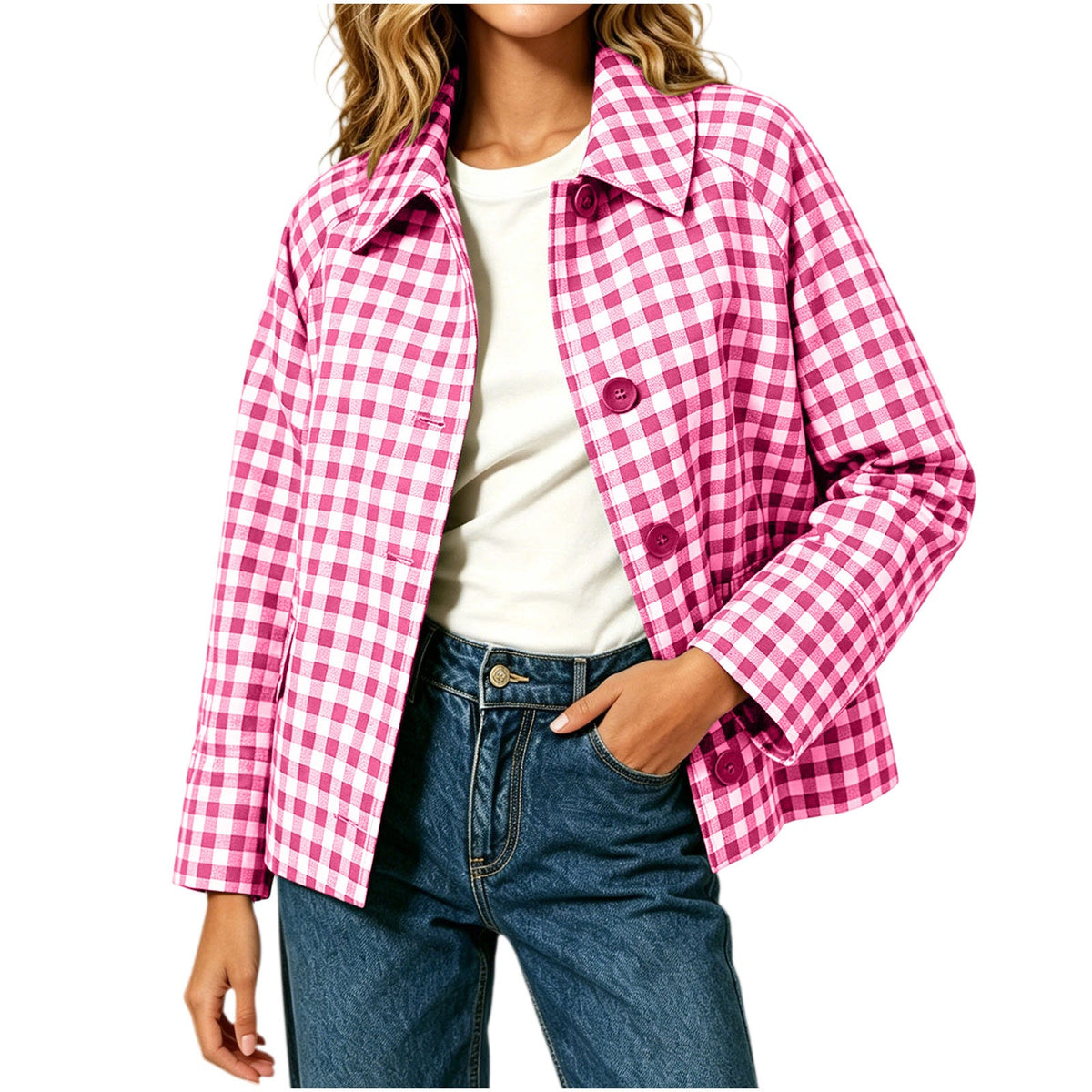 Womens Color-Block Plaid Casual Coat