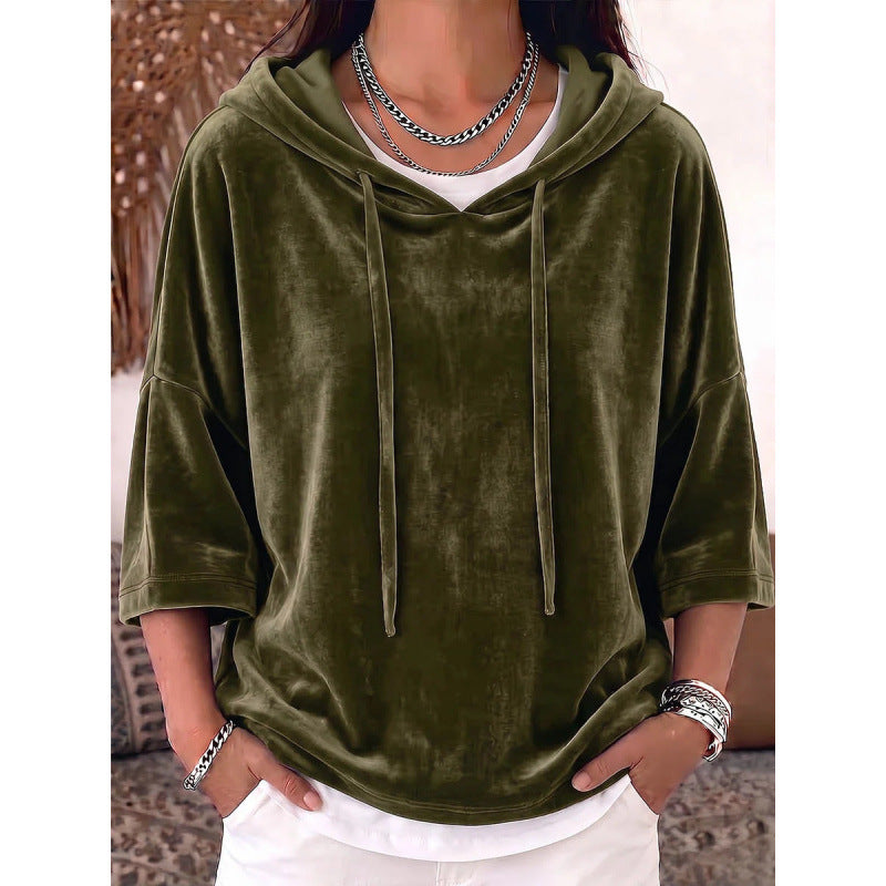 Solid-color Drawstring Three-quarter-sleeve Velvet Hoodie