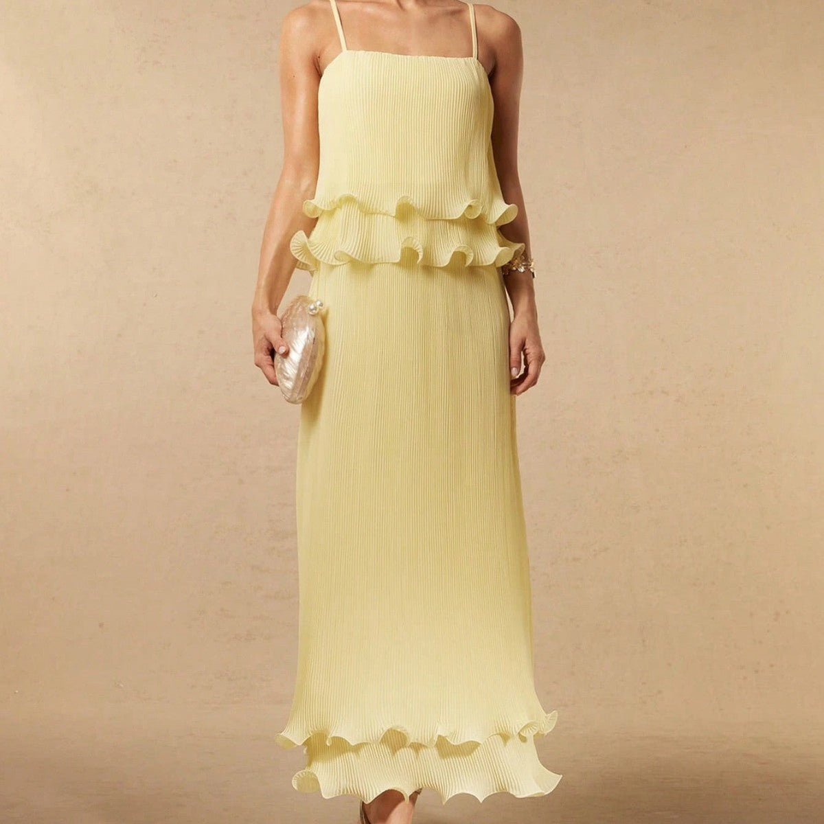 Pleated Yellow Strap Spliced Tiered Long Dress