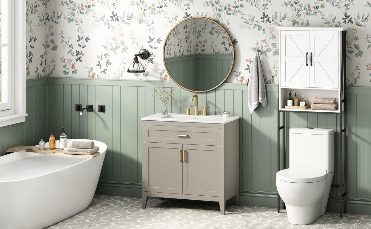 30" Bathroom Vanity with Ceramic Sink Top, Solid Wood Legs