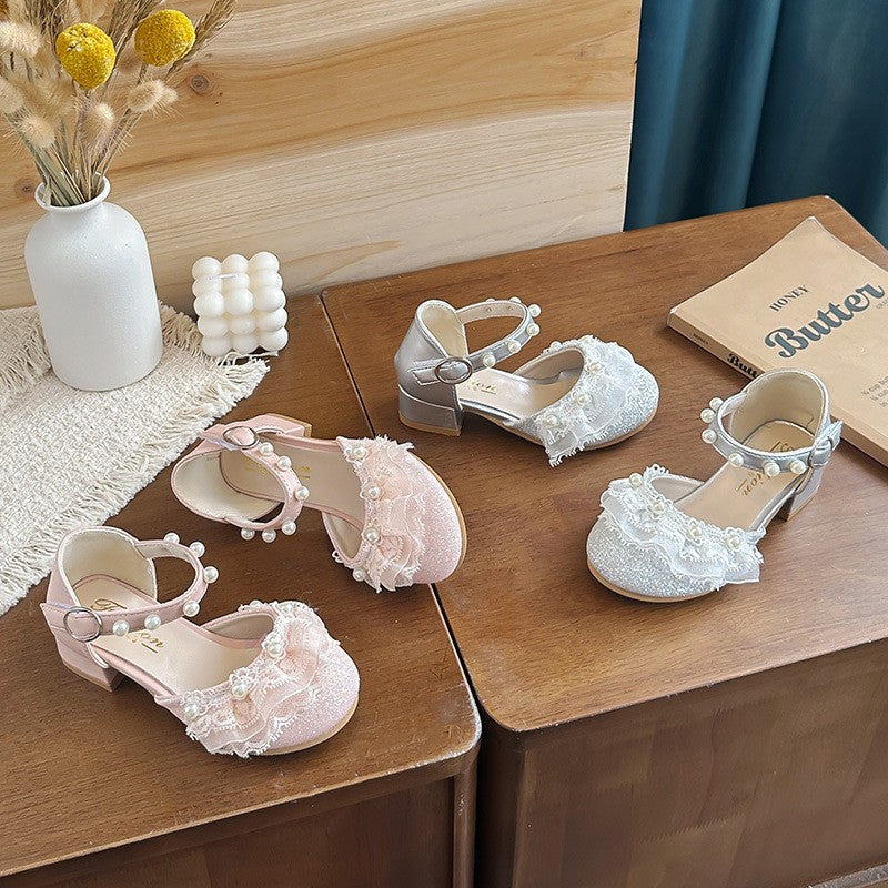 2026 New Girls Princess Sandals, Kids Pearl Closed-Toe Low Heel Shoes, Soft Sole Performance Dance Shoes For Little Girls