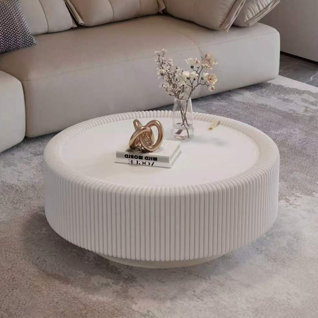 White Round Fluted Coffee Table with Hidden Storage