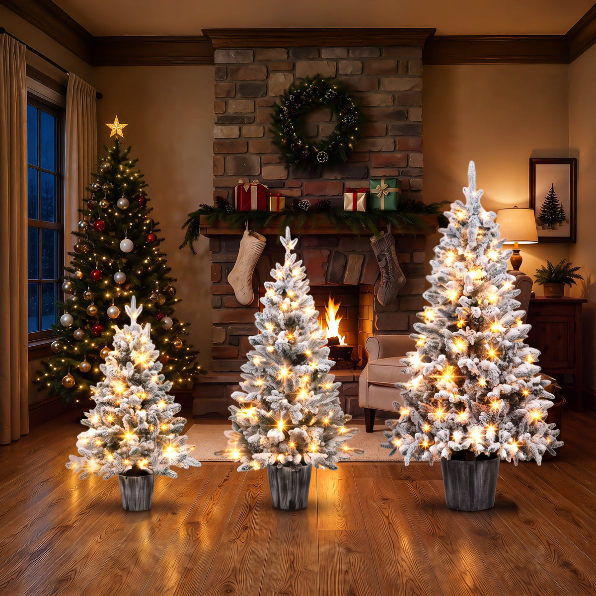 3-Piece Flocked Pre-Lit Christmas Tree Set