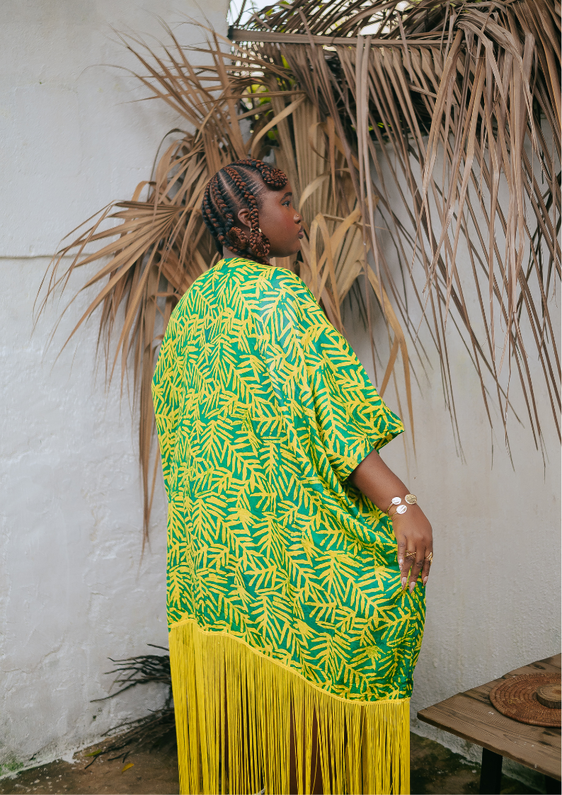 Palm Green Yellow Fringe Kaftan Dress