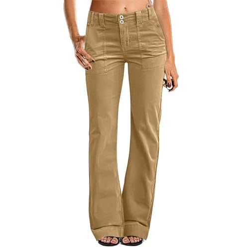 Women's Multi Pocket Stretch Elastic Waist Twill Cotton Pants  High Waisted, Comfortable Form Fitting  Formal Casual Wide Leg Pants