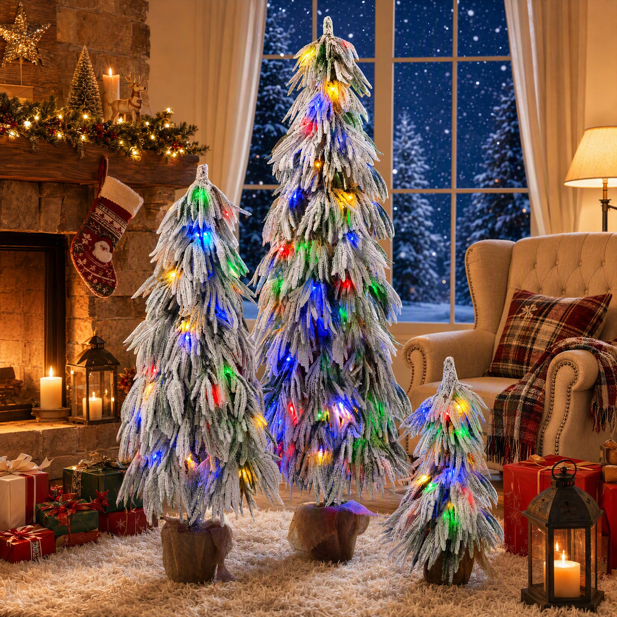 Pre-Lit Flocked Christmas Tree Set of 3 (3FT, 4.5FT, 6FT)