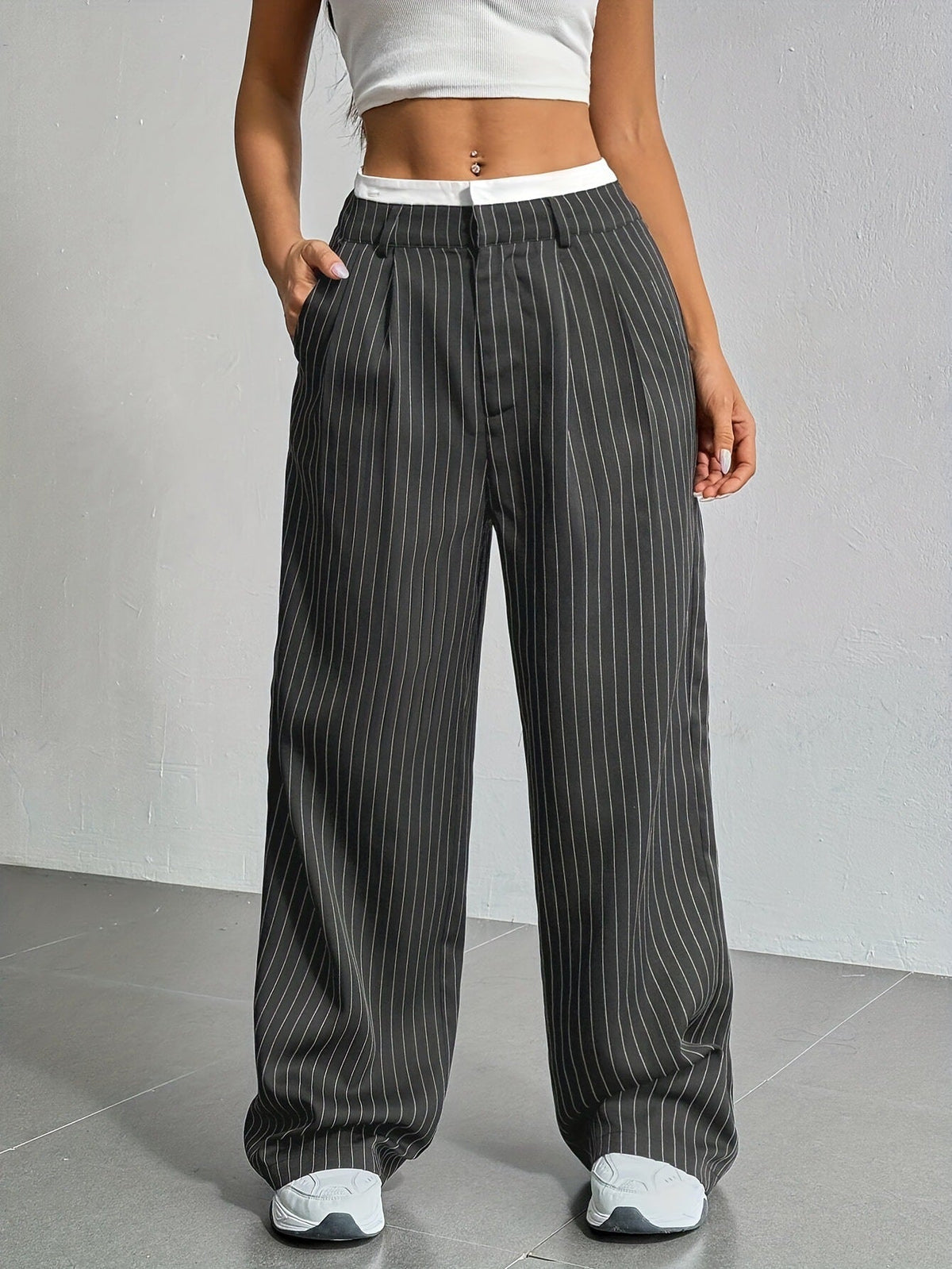 2025 European And American Export New High-Waist Draped Stripesd Suit Pants For Women Work Clothing Versatile Straight Fashion Casual Pants
