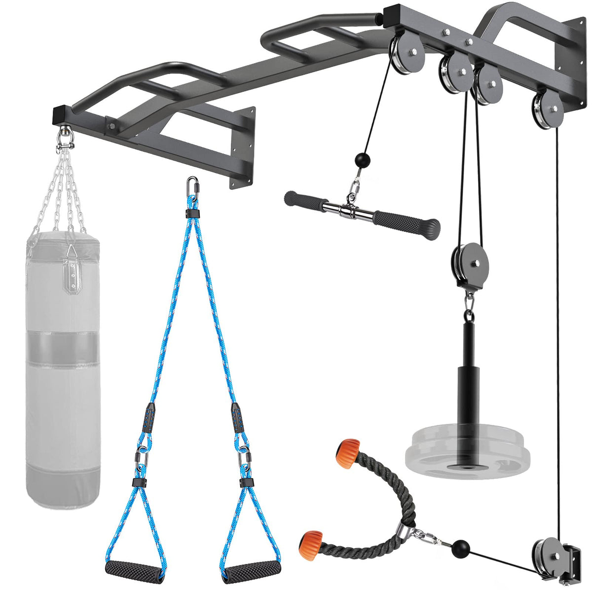 Kipika 48" Wall Mounted Multifunction Cable Pulley System Gym Cable Machine LAT Pulldown Attachments Heavy Duty Pull Up Bar DIY Home Gym Pulley Cable Machine Attachment System Punching Bag Hanger