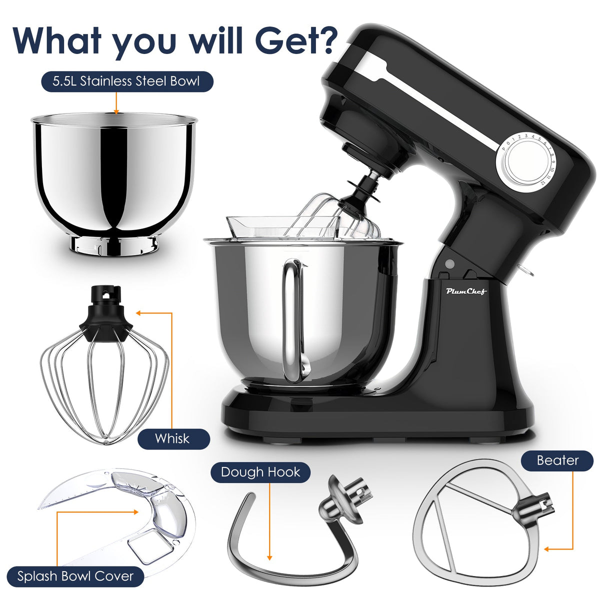 Plum Chef 5.5QT Electric Stand Mixer, 12-Speed Tilt-Head Food Mixer, Dough Mixer with Dishwasher Safe Stainless Steel Bowl, Dough Hook, Flat Beater, Whisk, Splash Guard