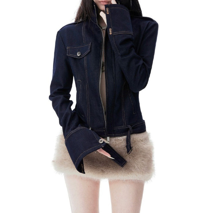 High-neck Waist-cinched Short Jacket For Women