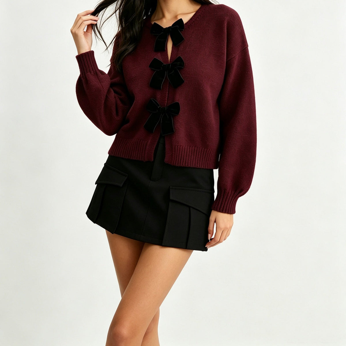 2026 Autumn Cross Border French Retro Bow Sweater Cardigan Round Neck Knitted Coat Women's Top
