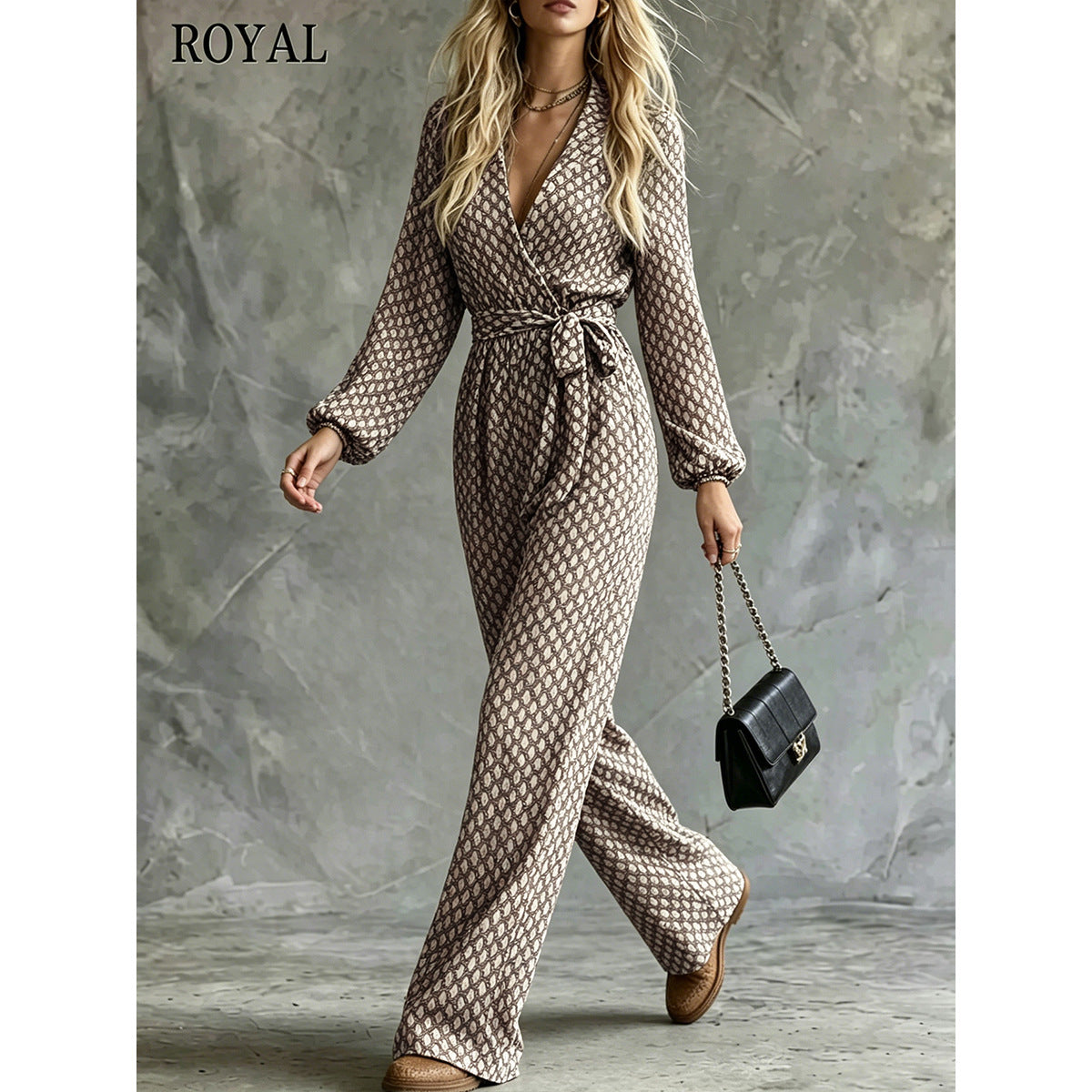 Womens Casual Belted V-neck One-piece Jumpsuit With A Fitted Waist